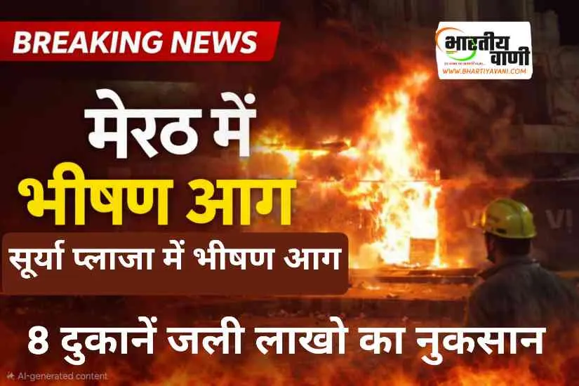 मेरठ में भीषण आग: सूर्य प्लाजा की 8 दुकानें जलकर राख, लाखों का नुकसान