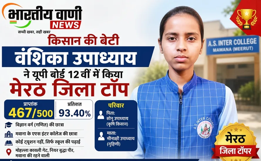 किसान की बेटी वंशिका उपाध्याय ने यूपी बोर्ड 12वीं में किया मेरठ जिला टॉप, 93.40% अंक हासिल