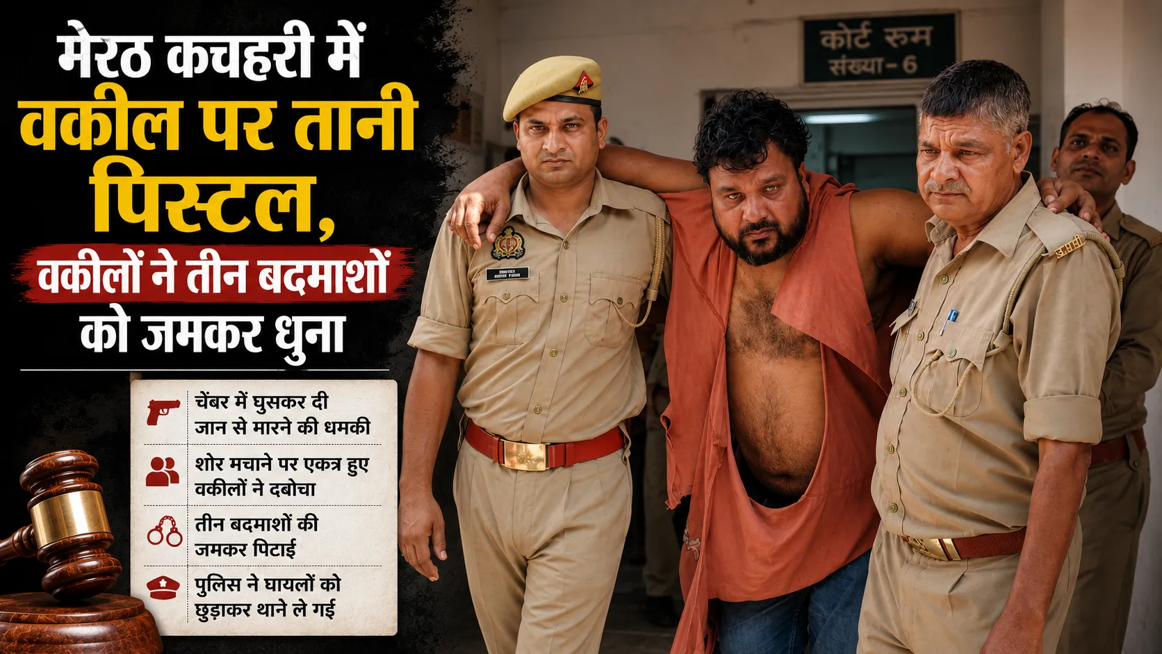 Meerut Kachahri Firing Threat: वकील के चेंबर में घुसे बदमाश, पिस्टल तानने पर अधिवक्ताओं ने पीटा